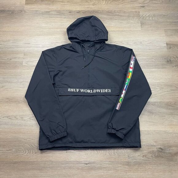 Huf Jacket Mens Large Black Anorak Skateboarding Worldwide Flags Hooded - Picture 1 of 12
